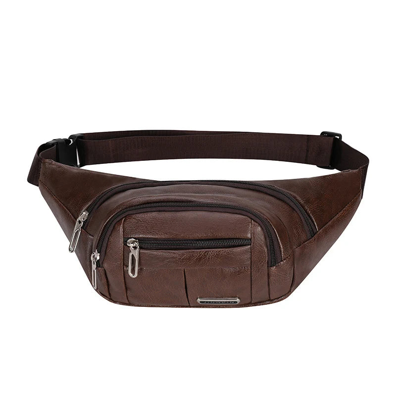 Waist Bag Leather Multiple Zippered Pockets Adjustable Strap