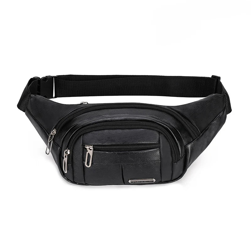 Waist Bag Leather Multiple Zippered Pockets Adjustable Strap