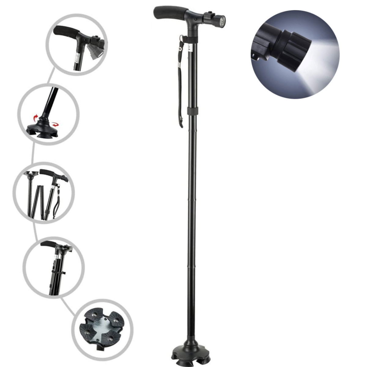 Walking Cane Height-Adjustable 4-Point Base & LED Light