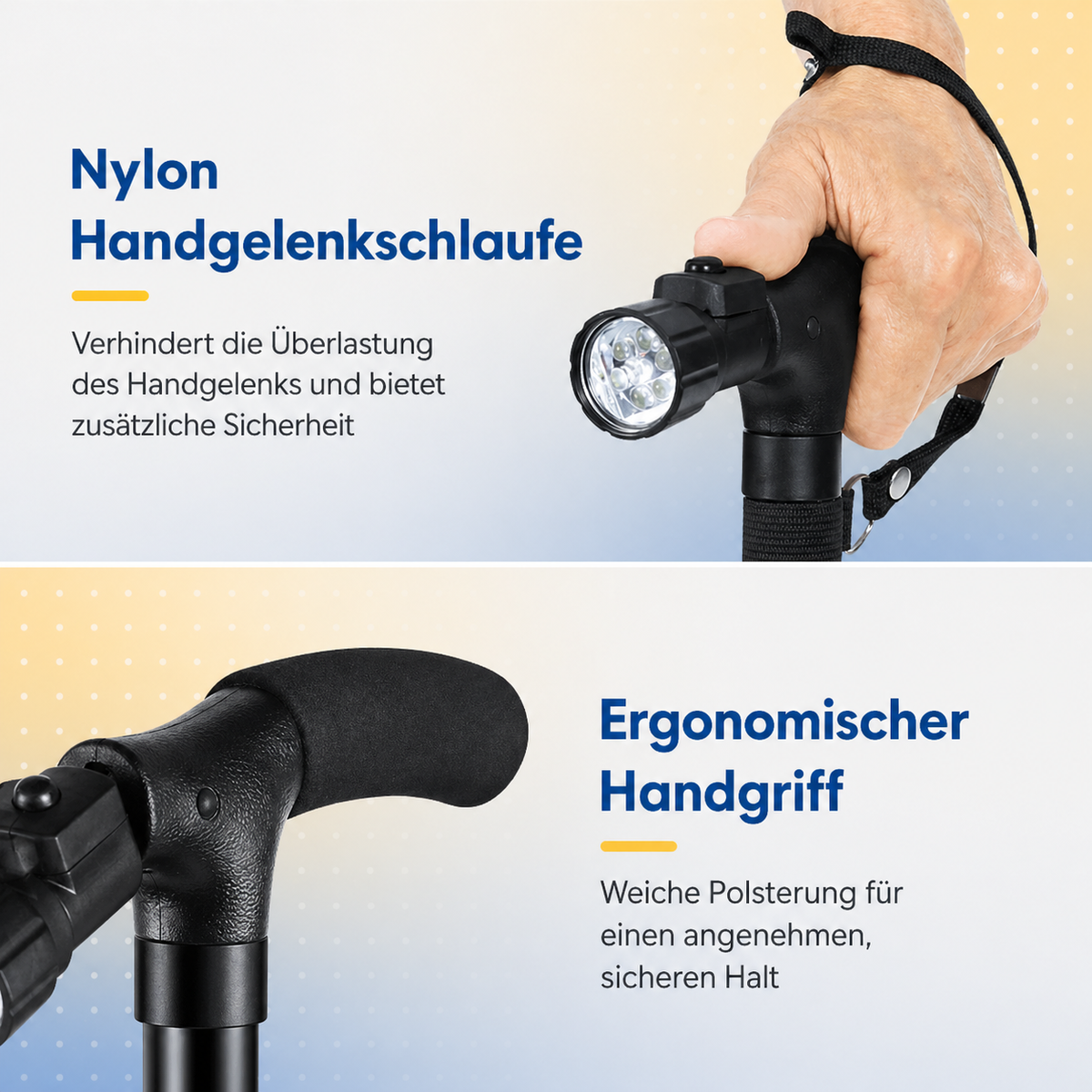 Walking Cane Height-Adjustable 4-Point Base & LED Light