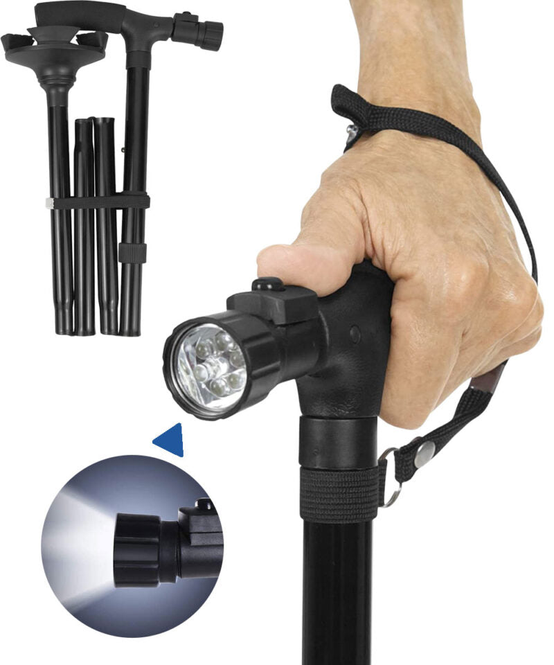 Walking Cane Height-Adjustable 4-Point Base & LED Light