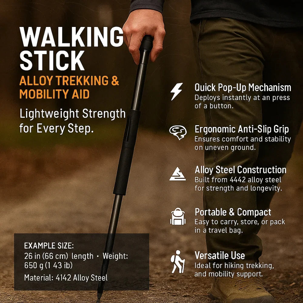 Walking Stick Button-Activated Pop-Up Shock-Absorbing Grip