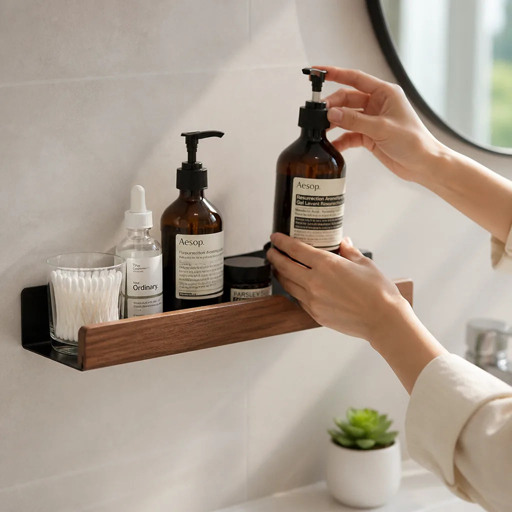 Wall Bathroom Shelf Self-Adhesive Solid Wood Water-Resistant
