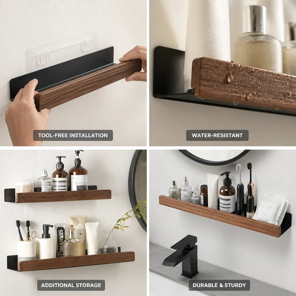 Wall Bathroom Shelf Self-Adhesive Solid Wood Water-Resistant