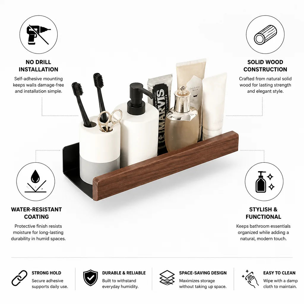 Wall Bathroom Shelf Self-Adhesive Solid Wood Water-Resistant