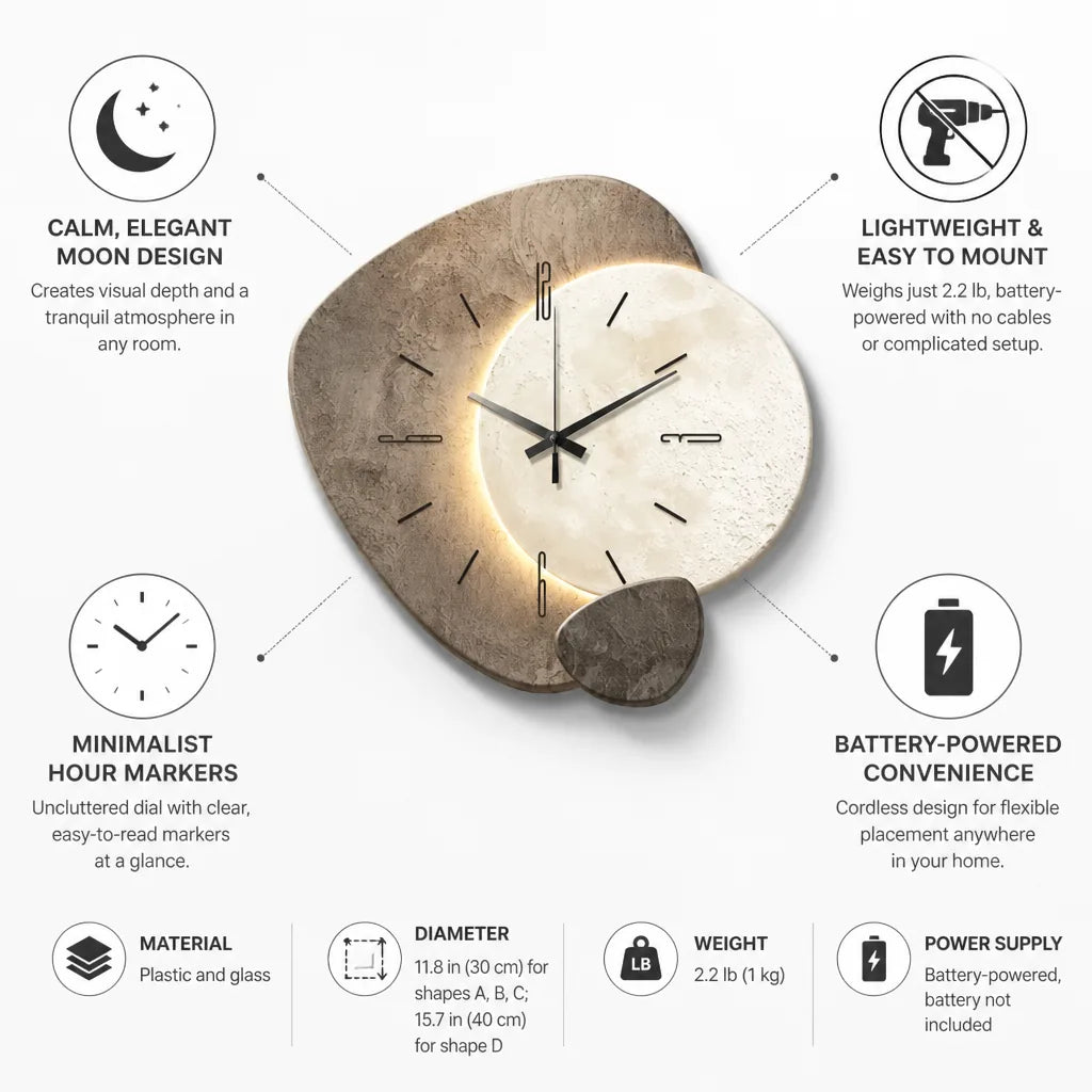 Wall Clock Minimalist Moon Motif Battery-Powered Optional LED