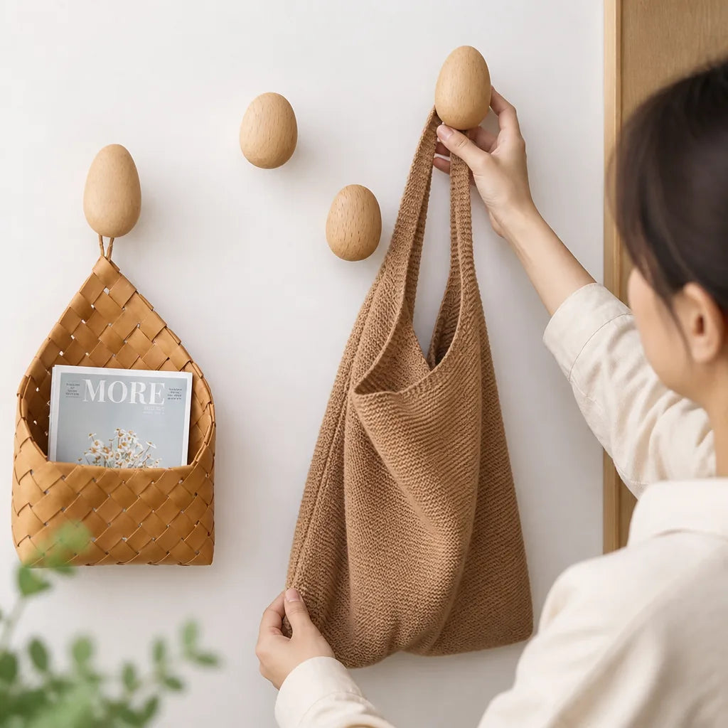 Wall Hook Pebble-Shaped Solid Wood Adhesive Mount
