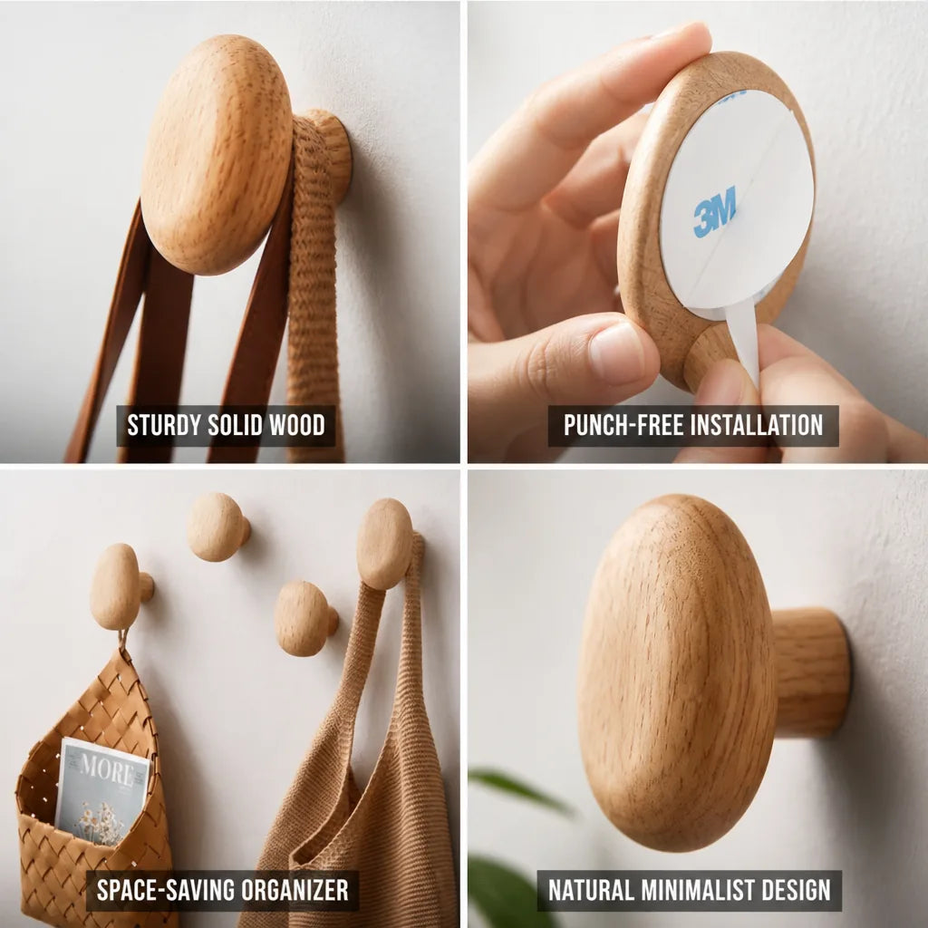 Wall Hook Pebble-Shaped Solid Wood Adhesive Mount