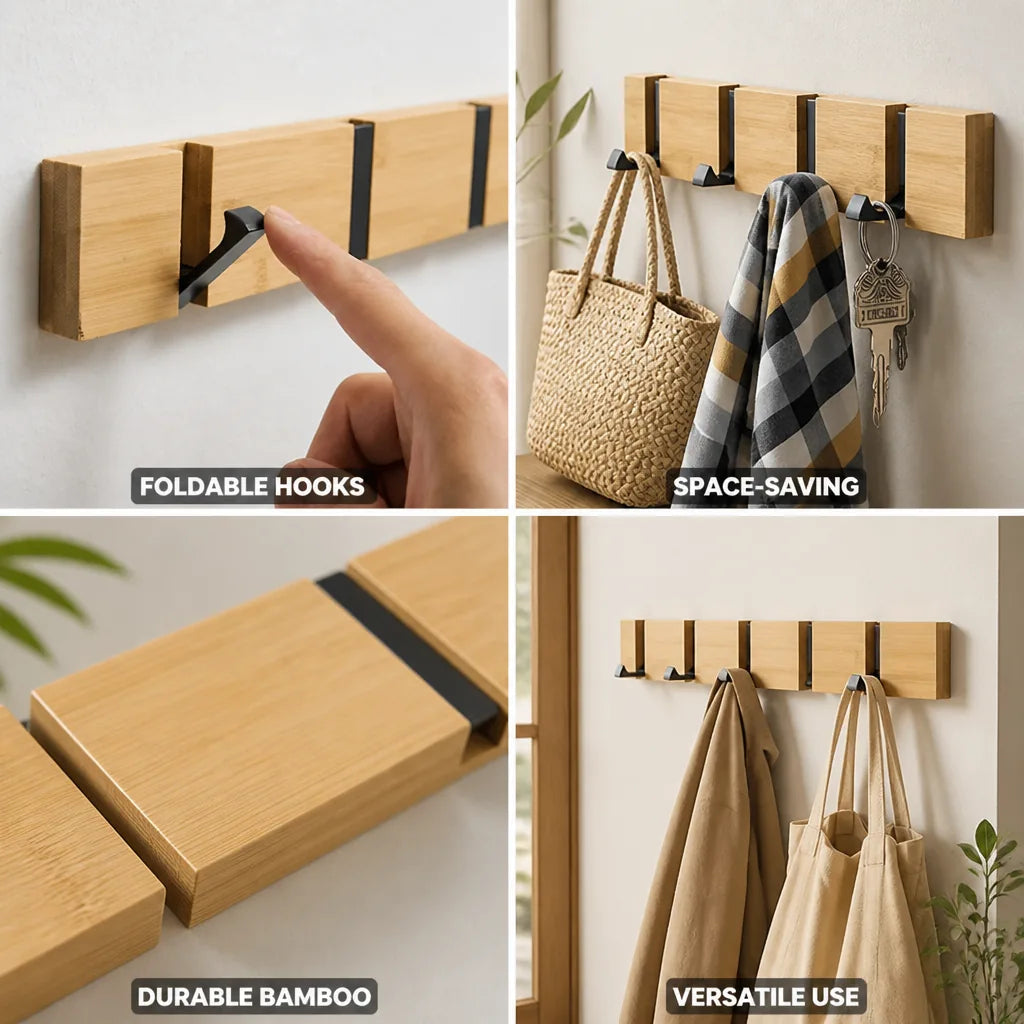 Wall Hook Rack Bamboo Foldable Flip Hooks