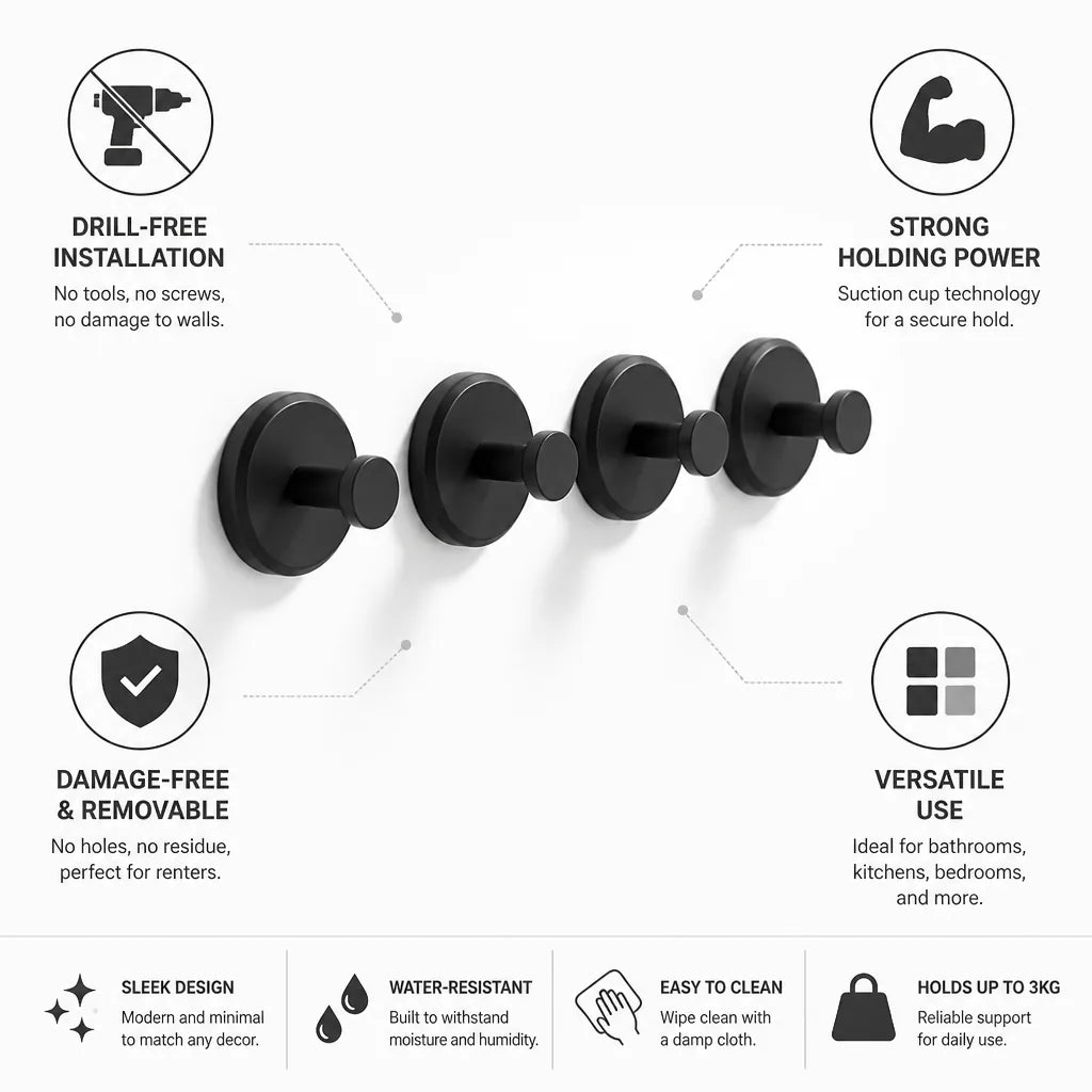 Wall Hooks Suction Cup Drill-Free Set of 4