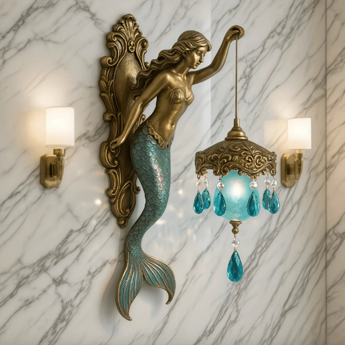 Wall Lamp Handcrafted Mermaid Metal Crystal Pendants