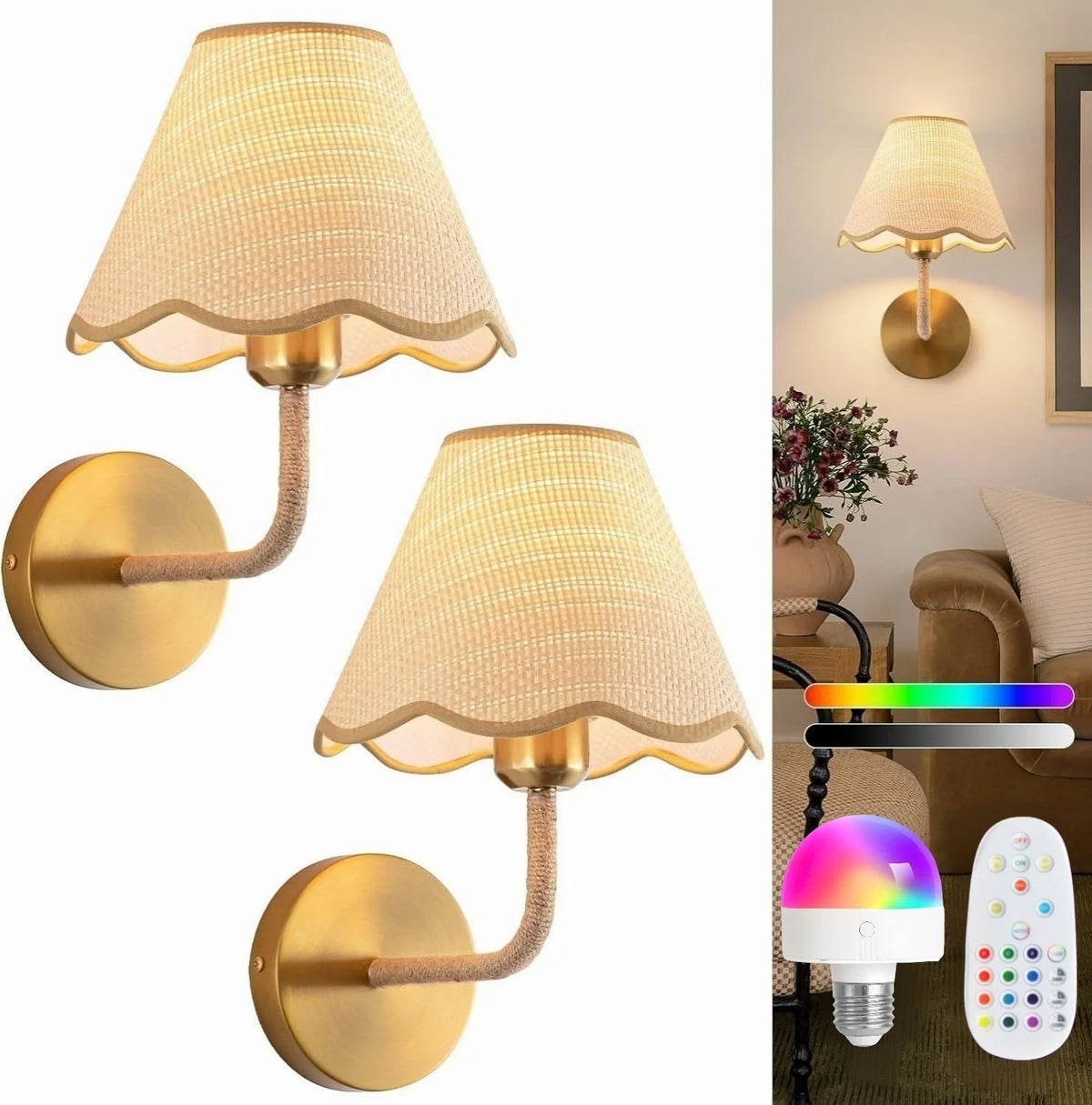 Wall Lamp Set of 2 Fabric Shade Adjustable Lighting