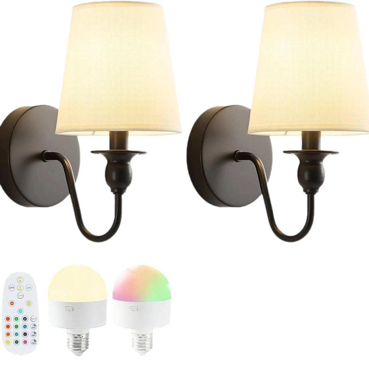 Wall Lamp Set of 2 Fabric Shade Adjustable Lighting