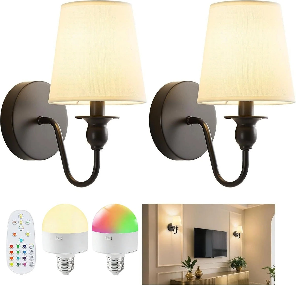 Wall Lamp Set of 2 Fabric Shade Adjustable Lighting