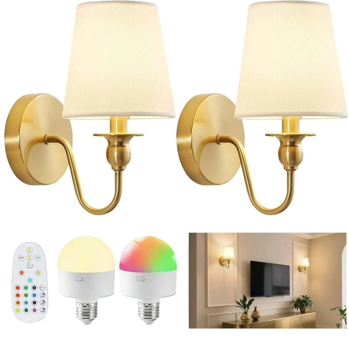 Wall Lamp Set of 2 Fabric Shade Adjustable Lighting