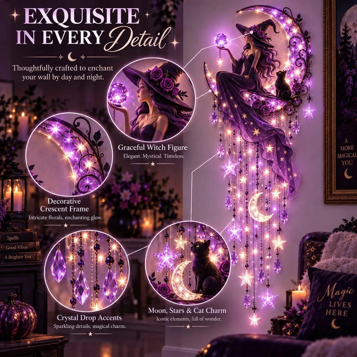 Wall Light Witch Crescent Moon Purple Starfall Glow