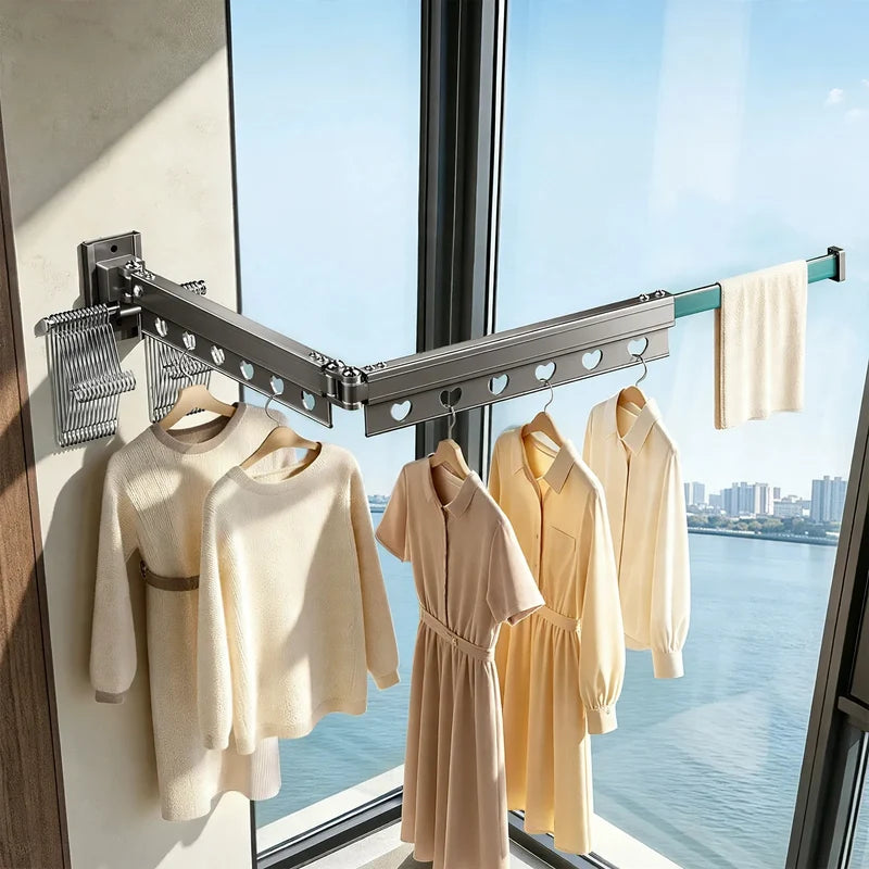 Wall-Mounted Clothes Drying Rod Aluminum Foldable Space-Saving