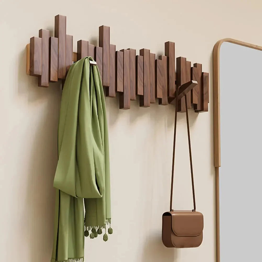 Wall-Mounted Coat Rack Wooden Foldable Hooks Space-Saving Storage