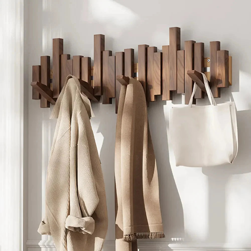 Wall-Mounted Coat Rack Wooden Foldable Hooks Space-Saving Storage