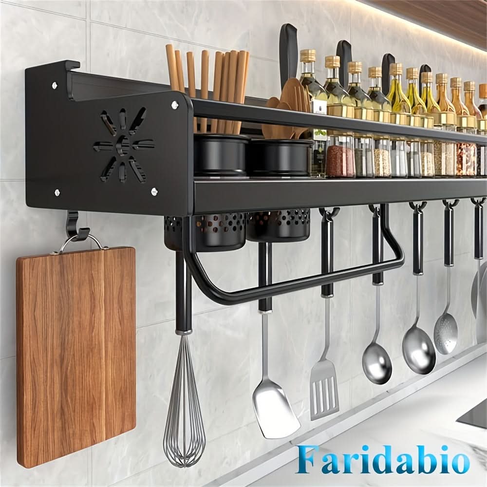 Wall-Mounted Kitchen Organizer Shelf Multi-Layer Hooks Space-Saving