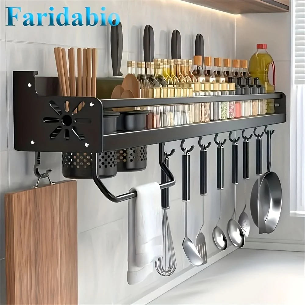 Wall-Mounted Kitchen Organizer Shelf Multi-Layer Hooks Space-Saving