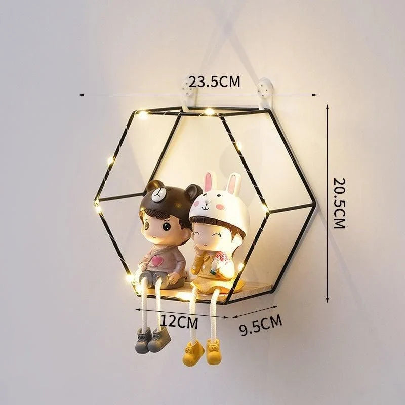 Wall Shelf Iron and Wood Double Hexagon Design