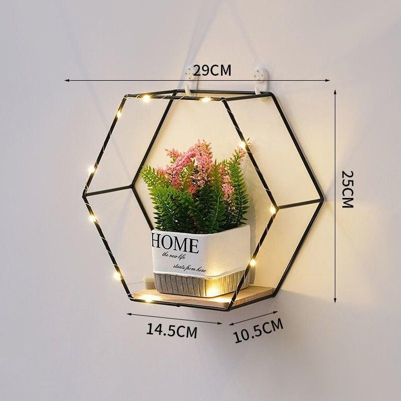 Wall Shelf Iron and Wood Double Hexagon Design