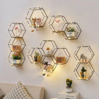 Wall Shelf Iron and Wood Double Hexagon Design