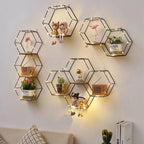 Wall Shelf Iron and Wood Double Hexagon Design