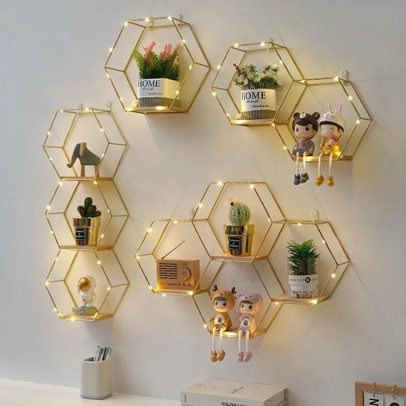 Wall Shelf Iron and Wood Double Hexagon Design