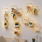 Wall Shelf Iron and Wood Double Hexagon Design