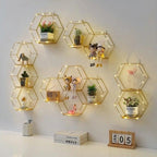 Wall Shelf Iron and Wood Double Hexagon Design