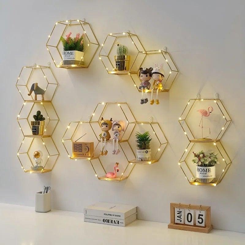 Wall Shelf Iron and Wood Double Hexagon Design