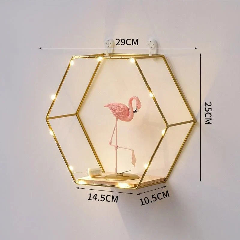 Wall Shelf Iron and Wood Double Hexagon Design