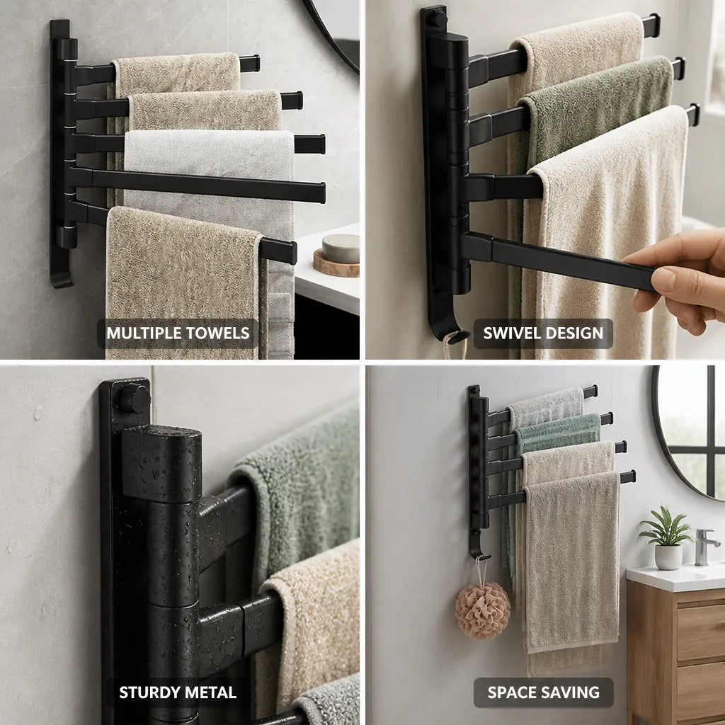 Wall Towel Rack 5 Swivel Arms Black Metal