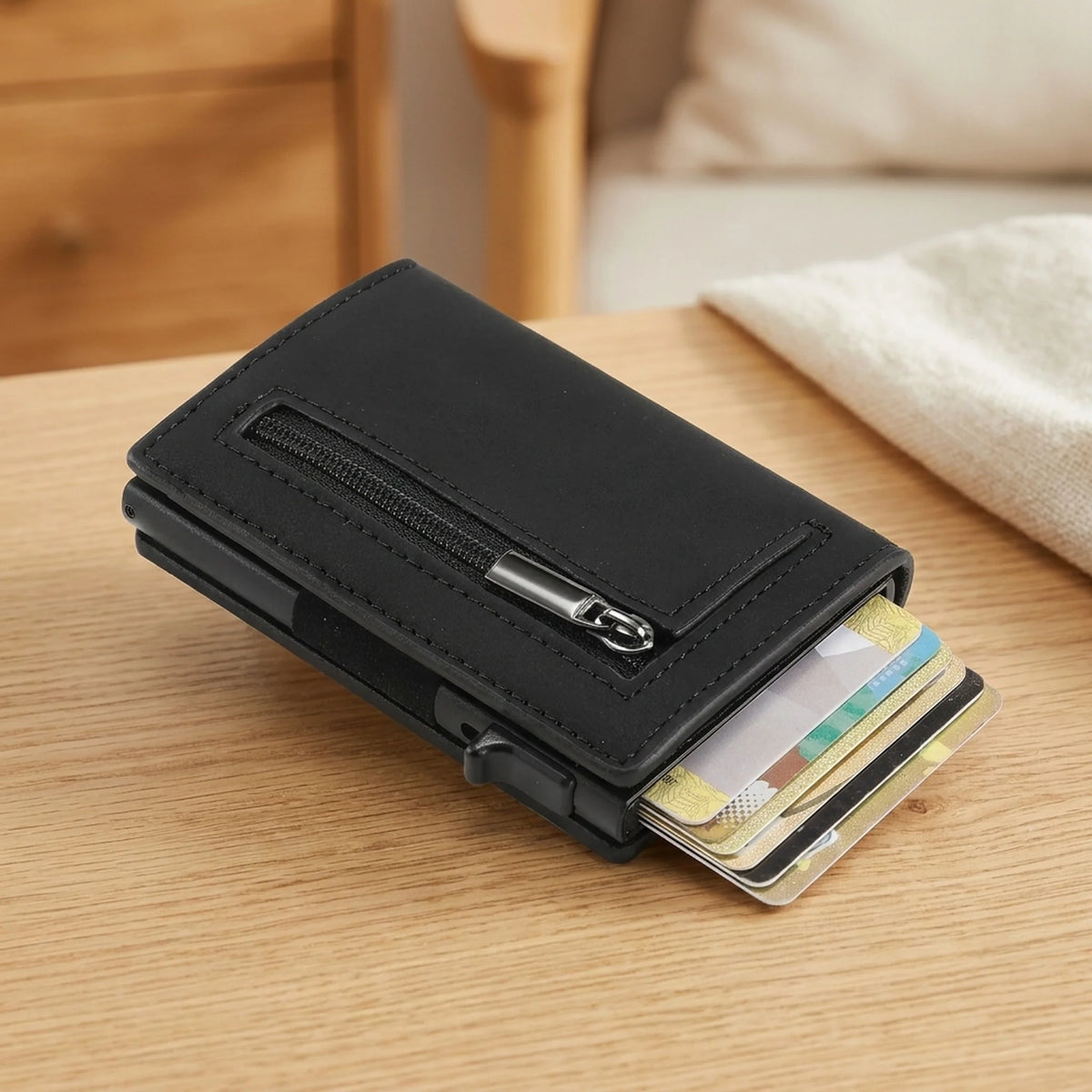Wallet RFID-Blocking Push-Button Leather & Aluminum