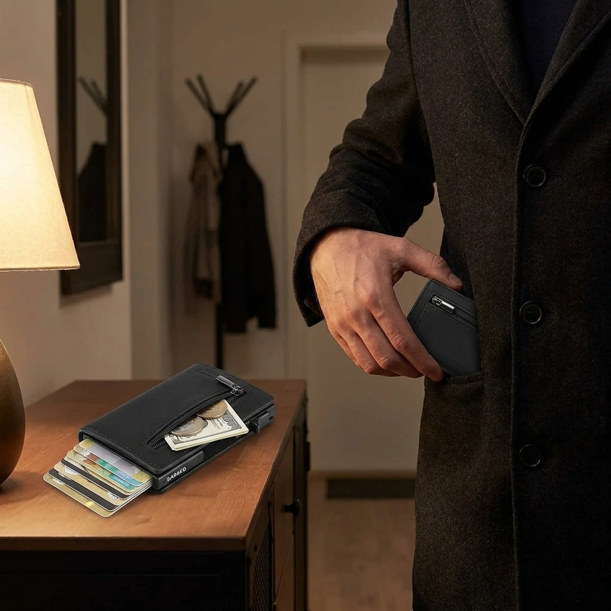 Wallet RFID-Blocking Push-Button Leather & Aluminum