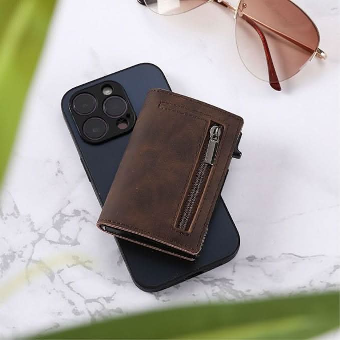 Wallet RFID-Blocking Push-Button Leather & Aluminum