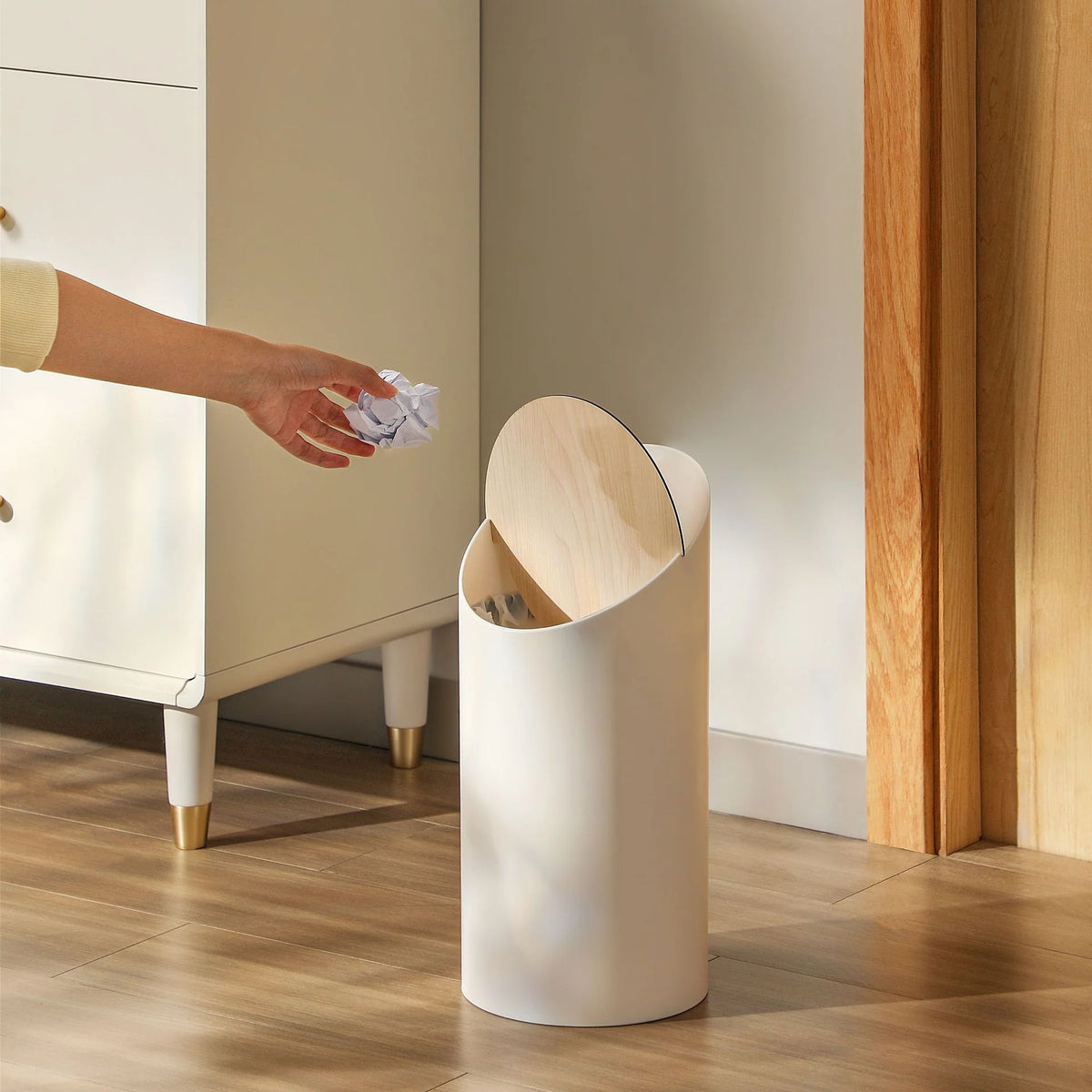 Waste Bin Slim Oval Soft-Close Rotating Wooden Lid