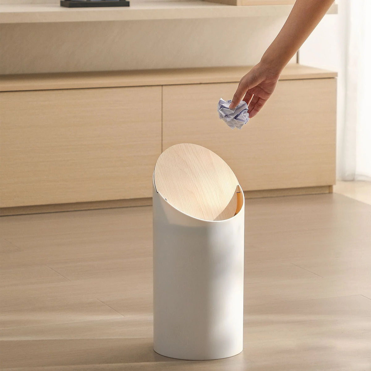 Waste Bin Slim Oval Soft-Close Rotating Wooden Lid