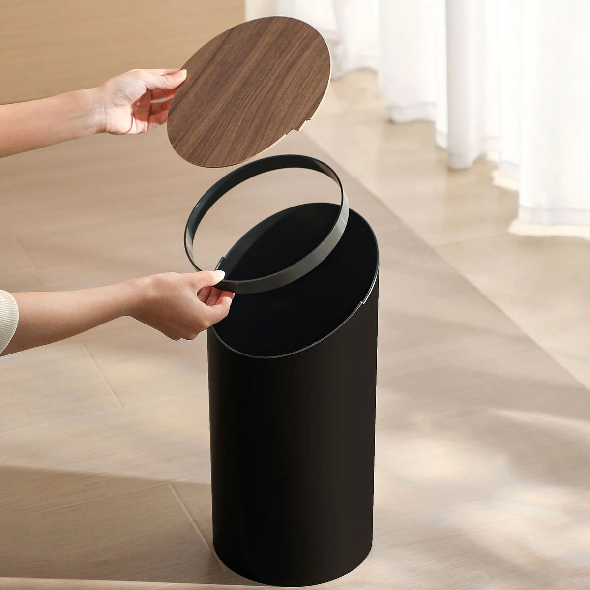Waste Bin Slim Oval Soft-Close Rotating Wooden Lid