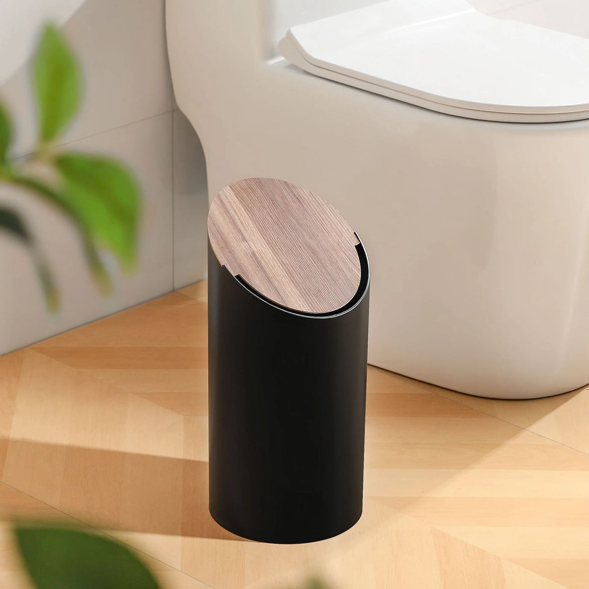 Waste Bin Slim Oval Soft-Close Rotating Wooden Lid