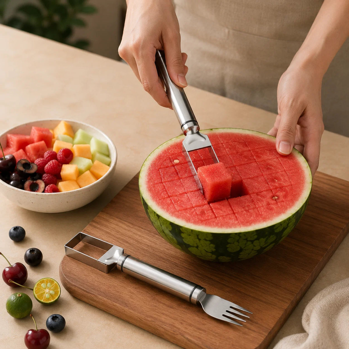 Watermelon Cutter & Fork 2-In-1 Stainless Steel Dishwasher-Safe