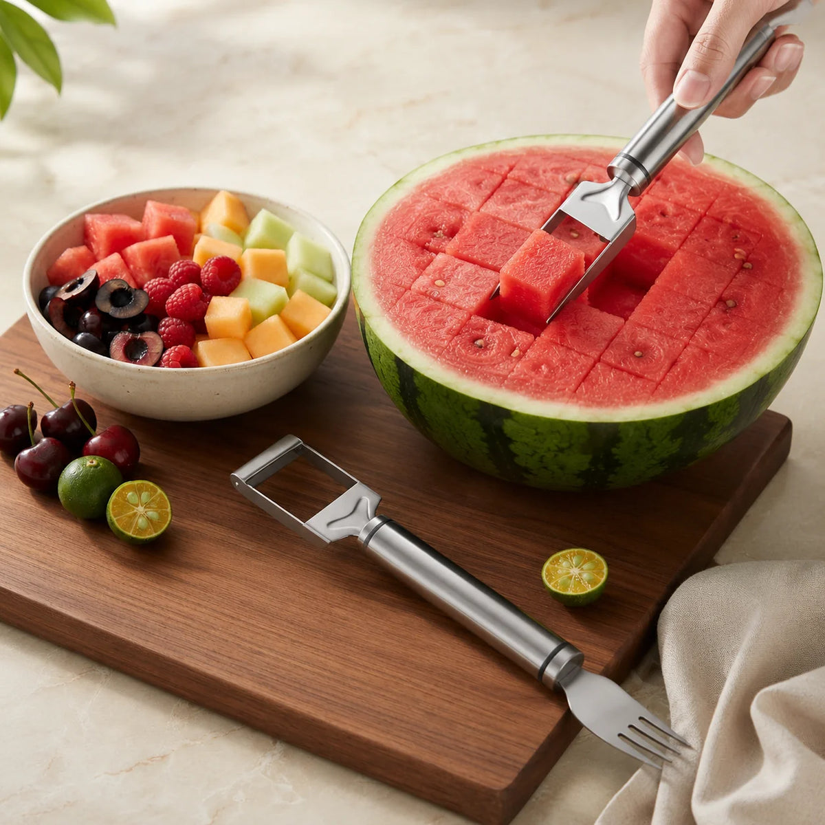Watermelon Cutter & Fork 2-In-1 Stainless Steel Dishwasher-Safe