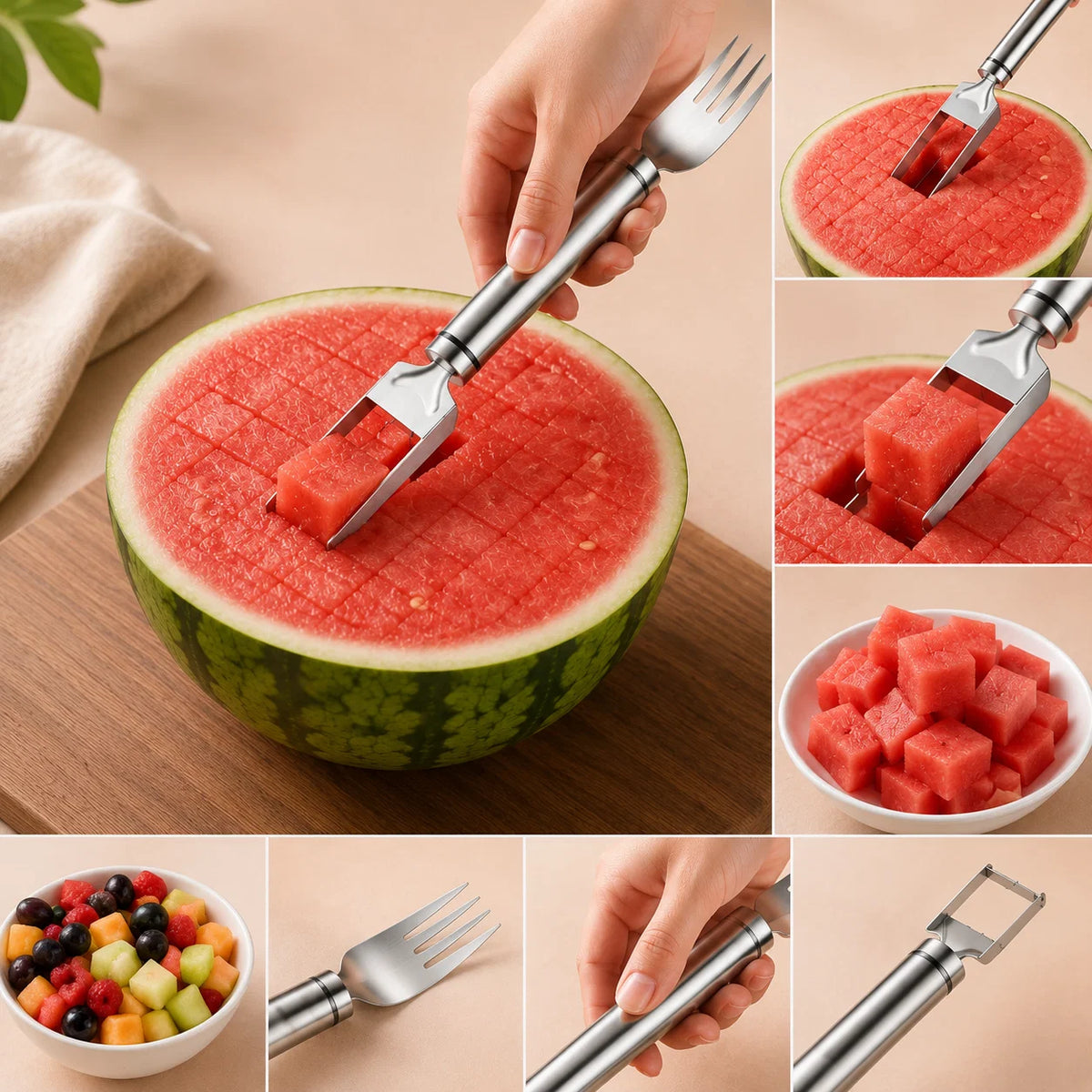 Watermelon Cutter & Fork 2-In-1 Stainless Steel Dishwasher-Safe