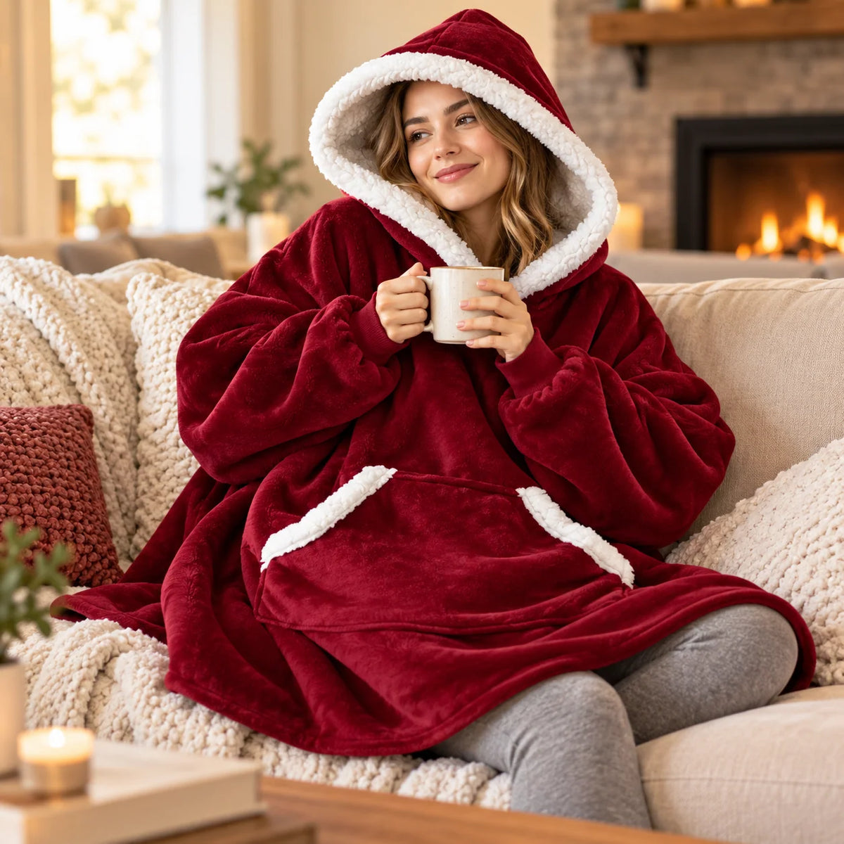 Wearable Blanket Hoodie Sherpa-Lined Oversized Plaid Pullover
