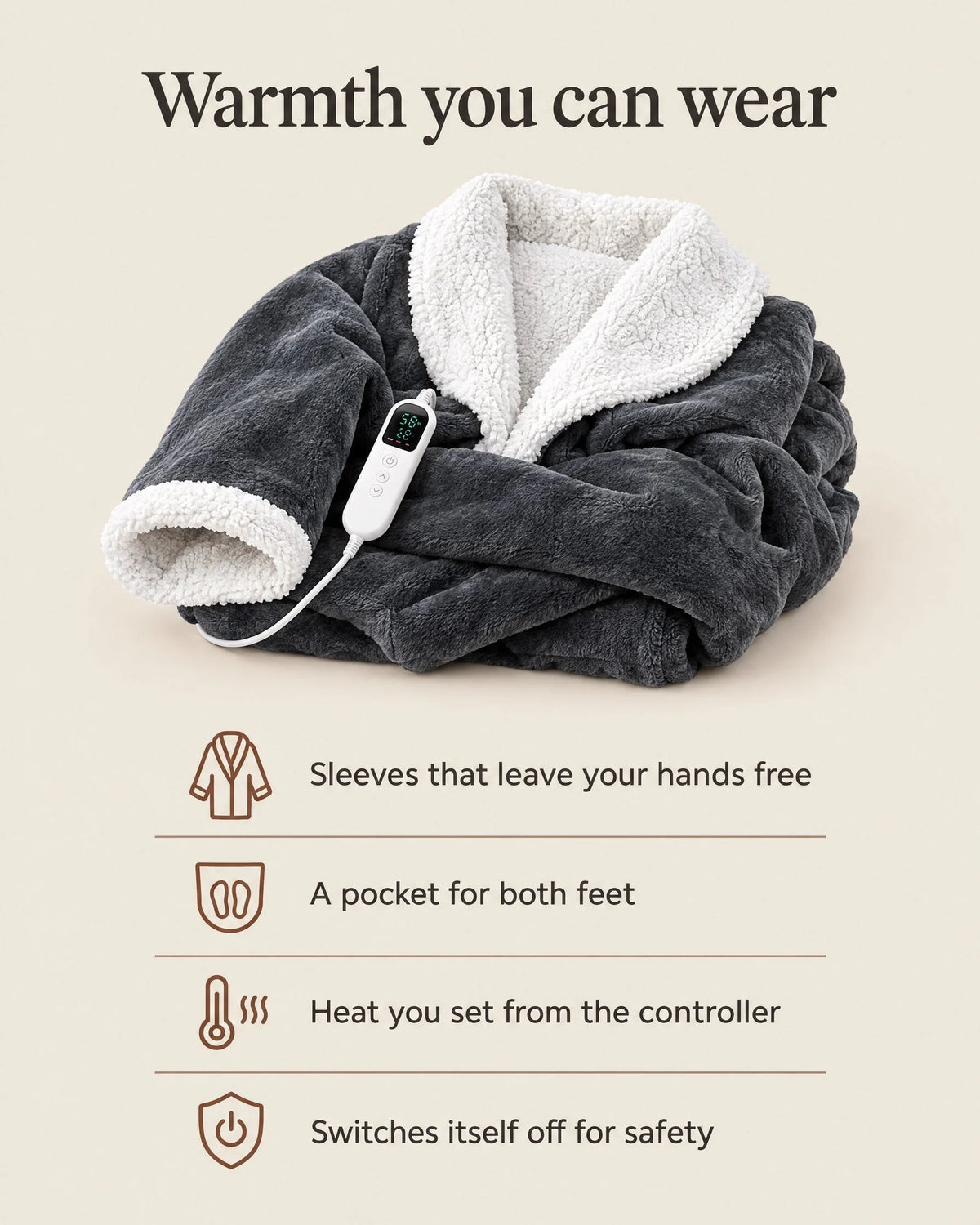 Wearable Heated Blanket Sherpa-Lined Foot Pocket Adjustable Heat Settings