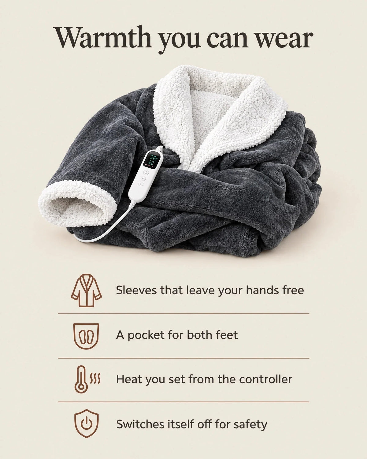 Wearable Heated Blanket Sleeves Foot Pocket Adjustable Heat