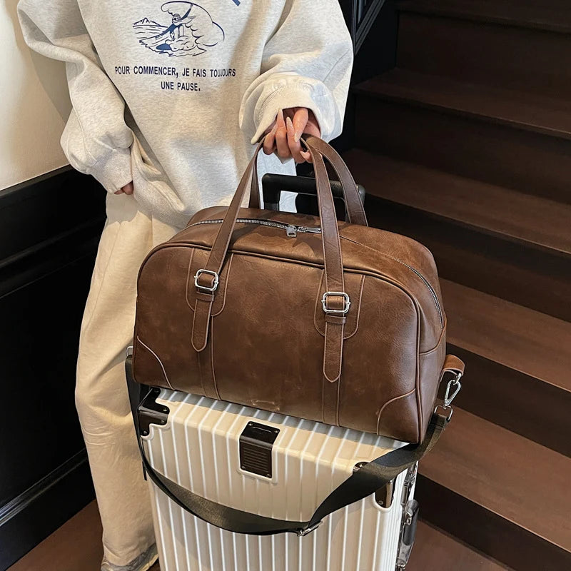 Weekender Duffel Bag Leather Adjustable Shoulder Strap Multiple Compartments