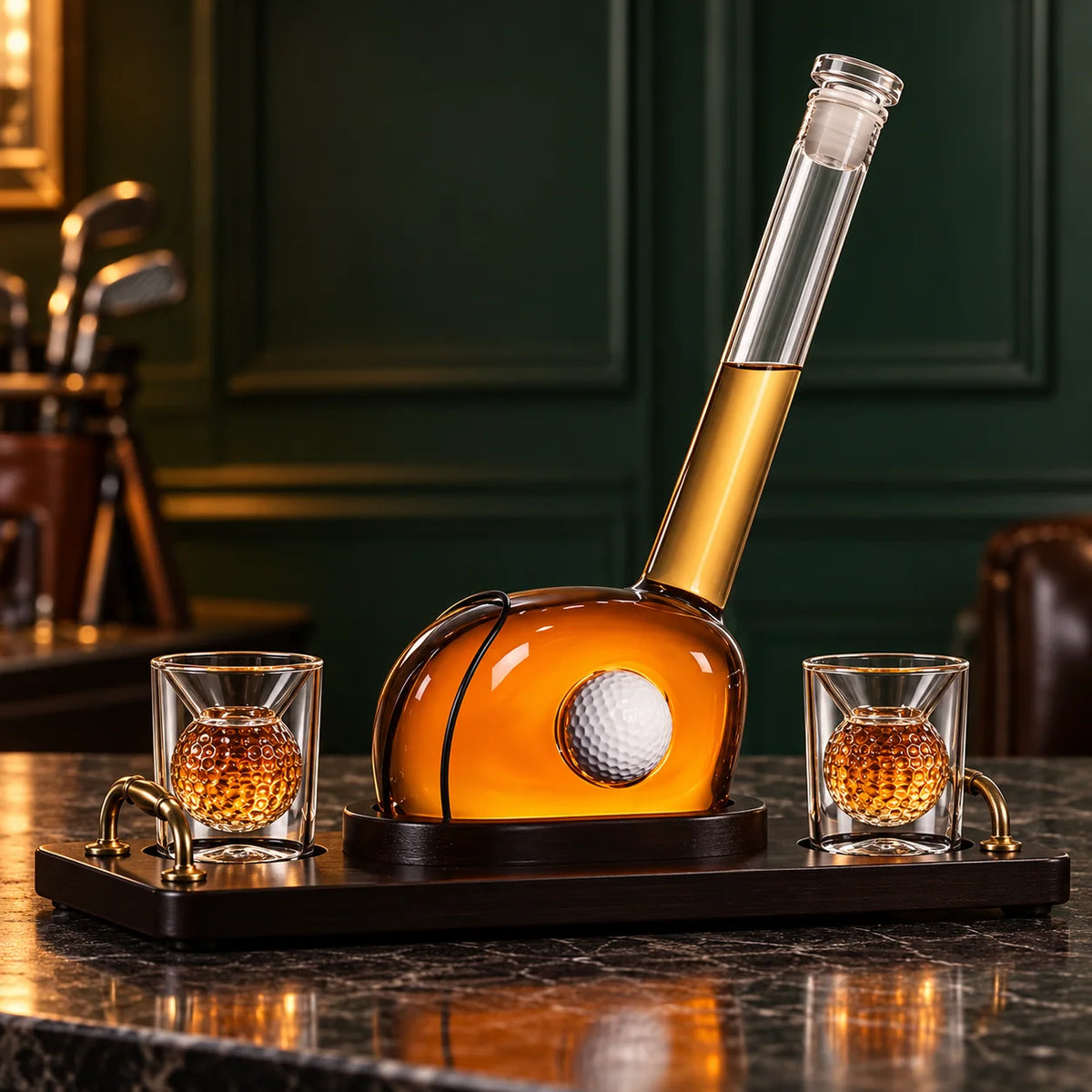 Whiskey Decanter Set Golf Design Lead-Free Crystal With Wooden Tray